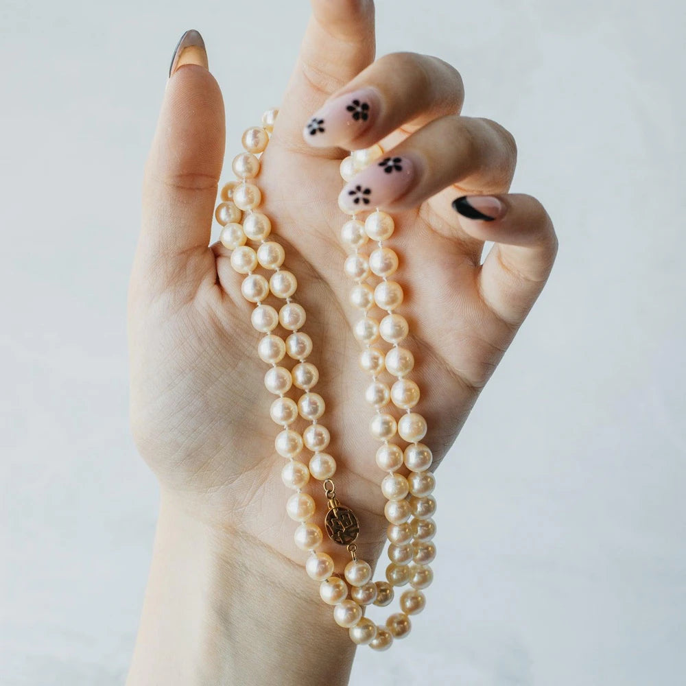 Japanese Akoya Pearl Strand with 'Good Fortune' Stamped 14K Yellow Gold Clasp