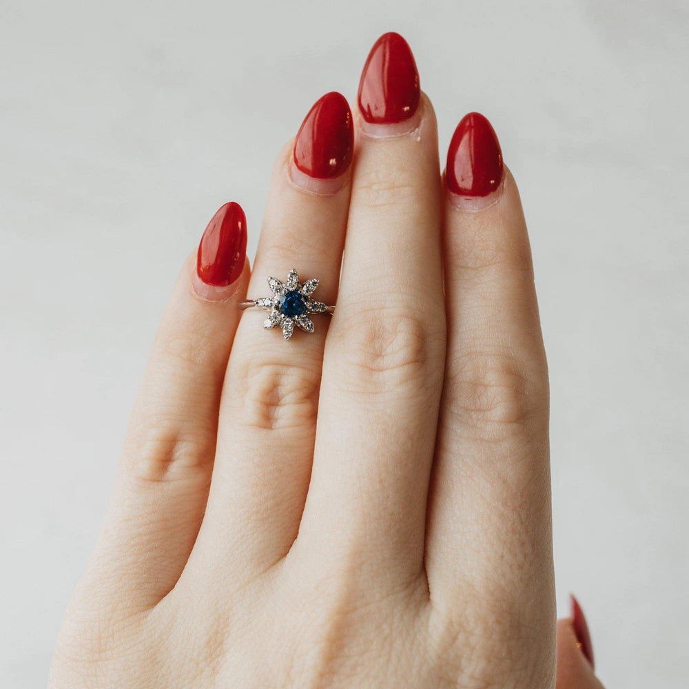 Natural Blue Sapphire and Diamond Starburst Ring