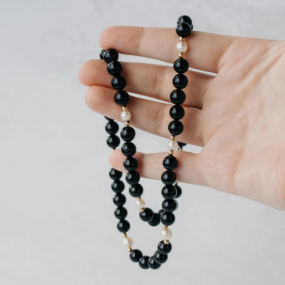 Onyx and Pearl Necklace with 14k Gold Accents - 20 Inch Length
