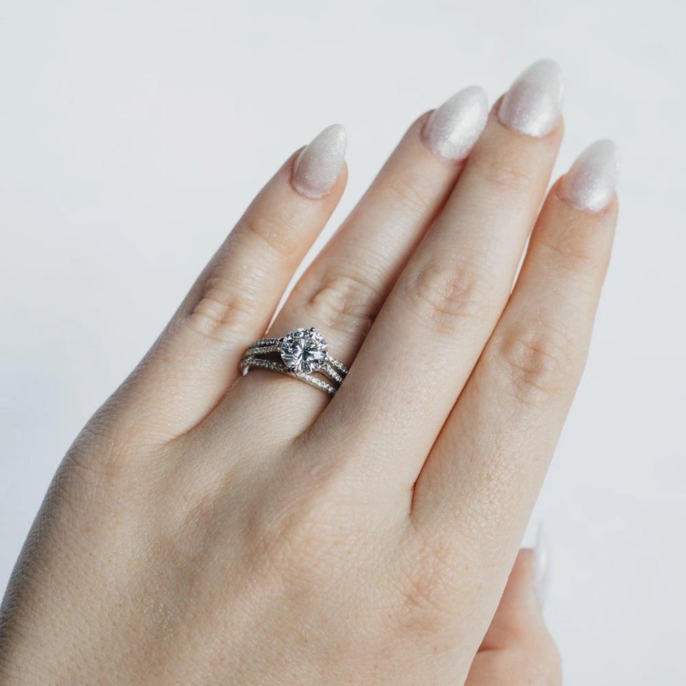 Platinum Three Line Accented Diamond Solitaire Ring