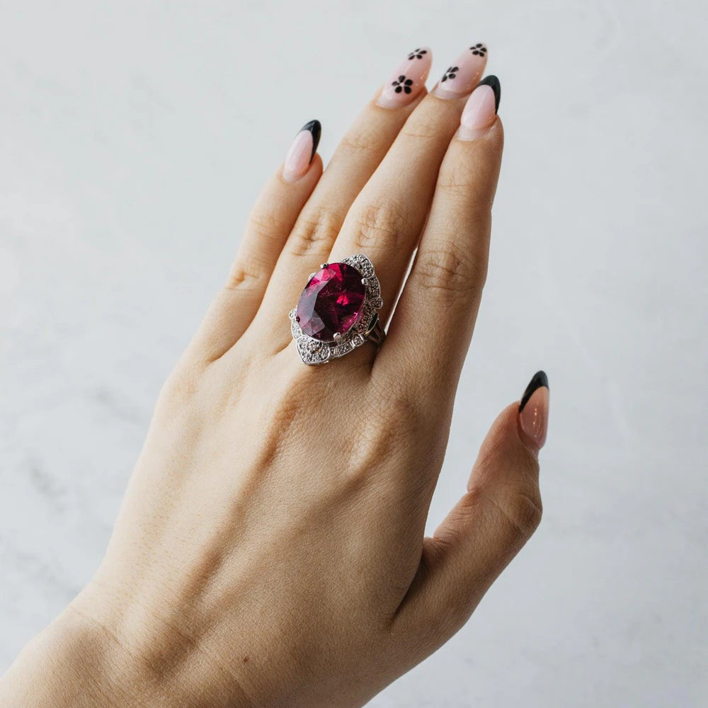16.54ct Rubellite Tourmaline & Diamond Halo White Gold Ring