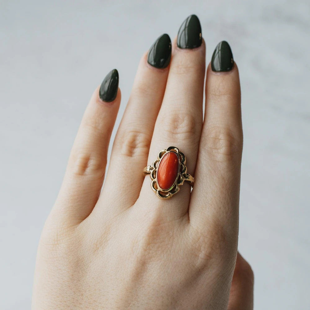 Victorian Elongated Cabochon Cut Coral Ring