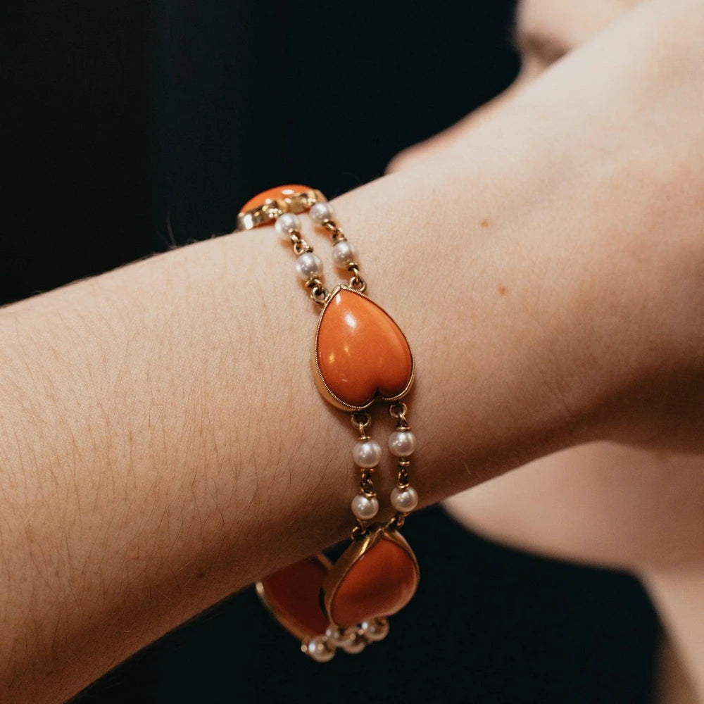 Vintage Coral and Pearl Double Line Bracelet