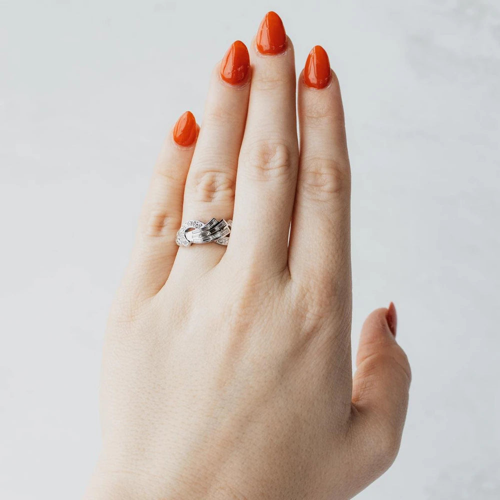 14K White Gold Baguette & Single Cut Diamond Swirl Ring