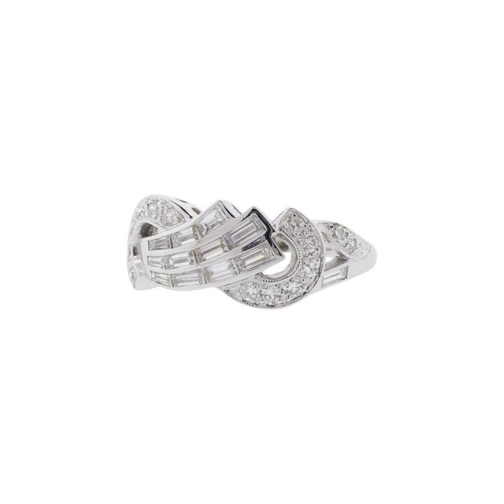 14K White Gold Baguette & Single Cut Diamond Swirl Ring