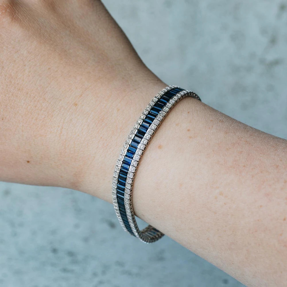 18K White Gold Baguette Blue Sapphire and Diamond Bracelet