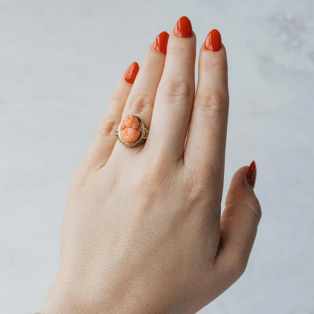 14K Yellow Gold Coral Cameo Ring