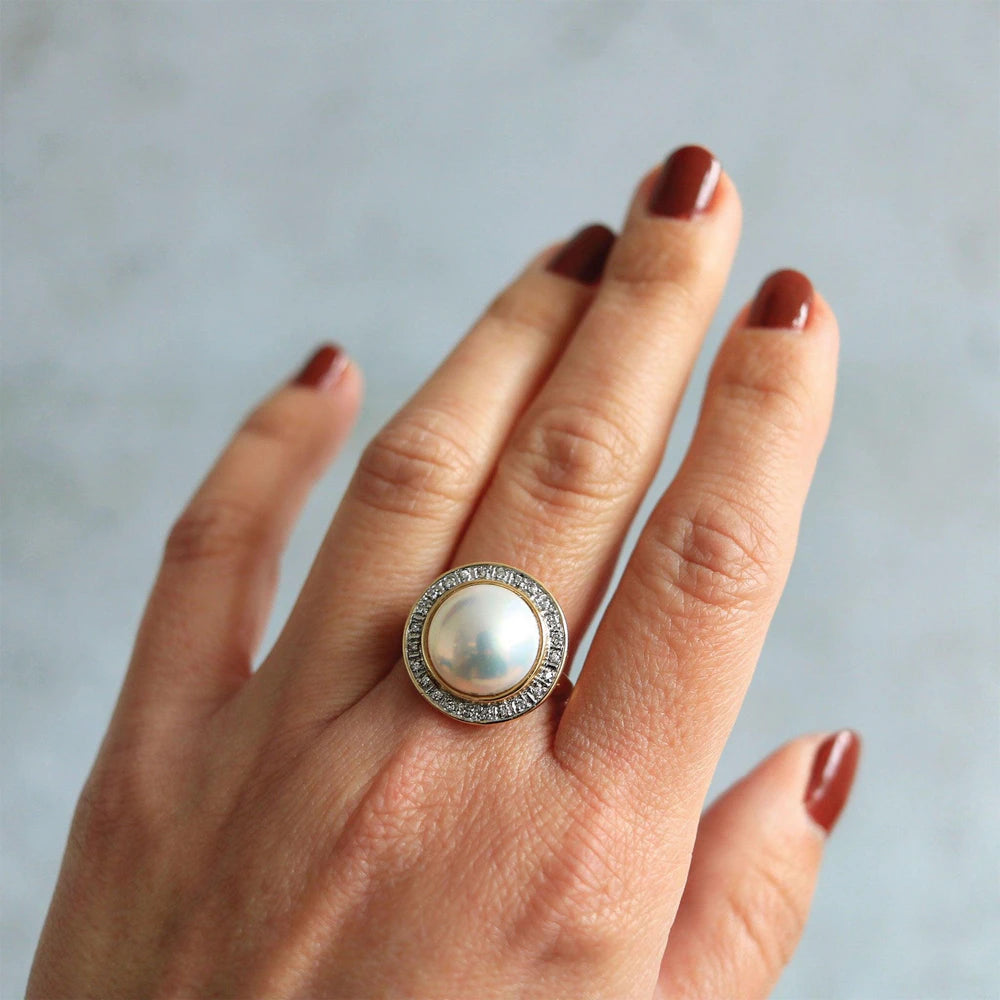 Yellow Gold Mabe Pearl & Diamond Halo Ring