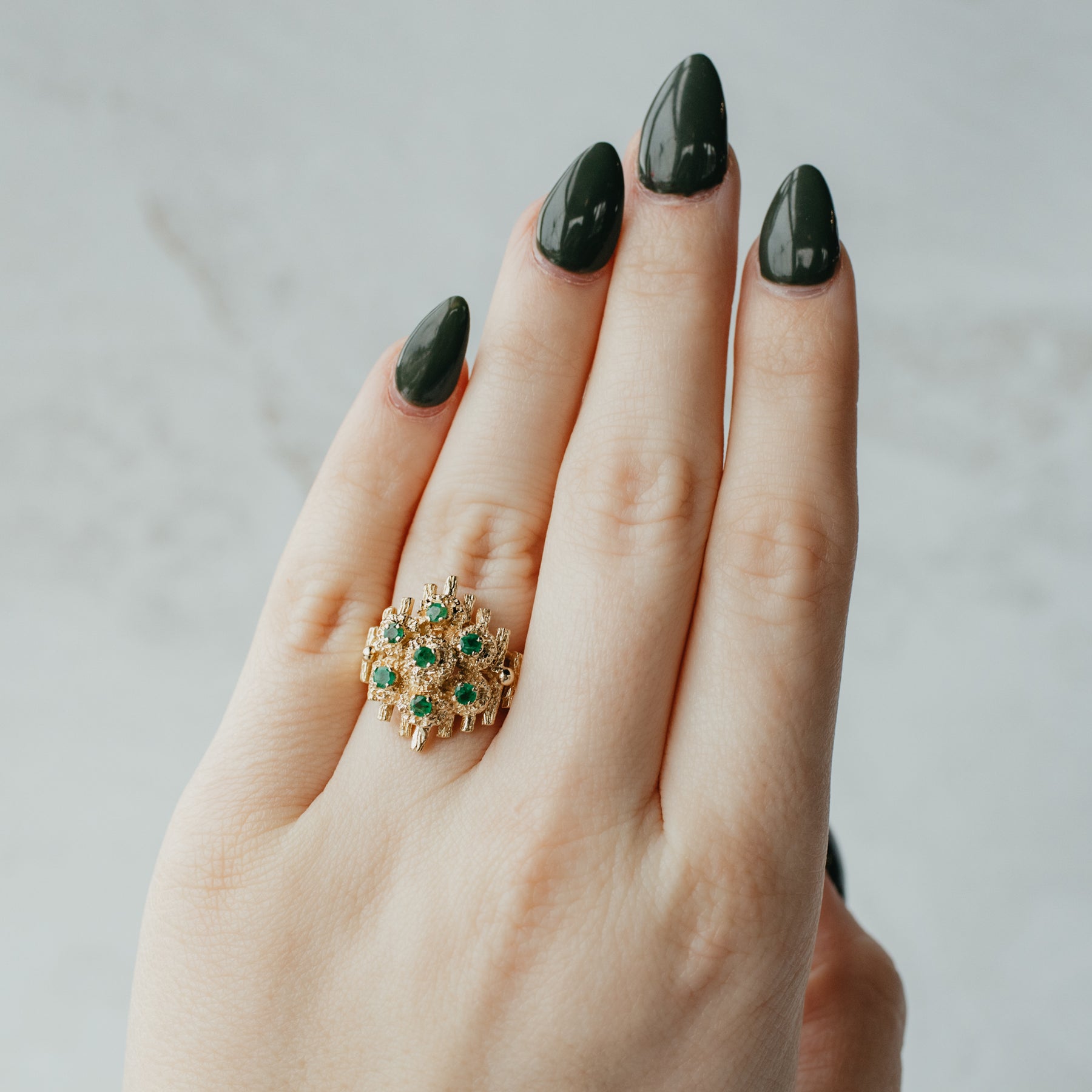 Mid-Century Brutalist Emerald Cluster Ring