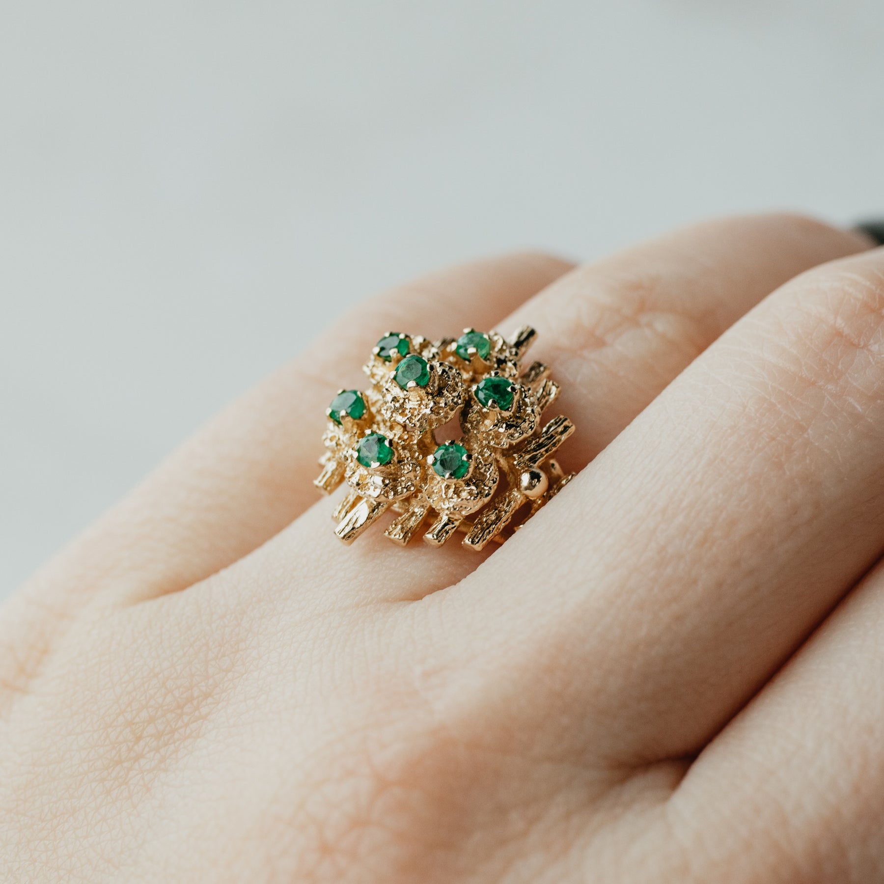 Mid-Century Brutalist Emerald Cluster Ring