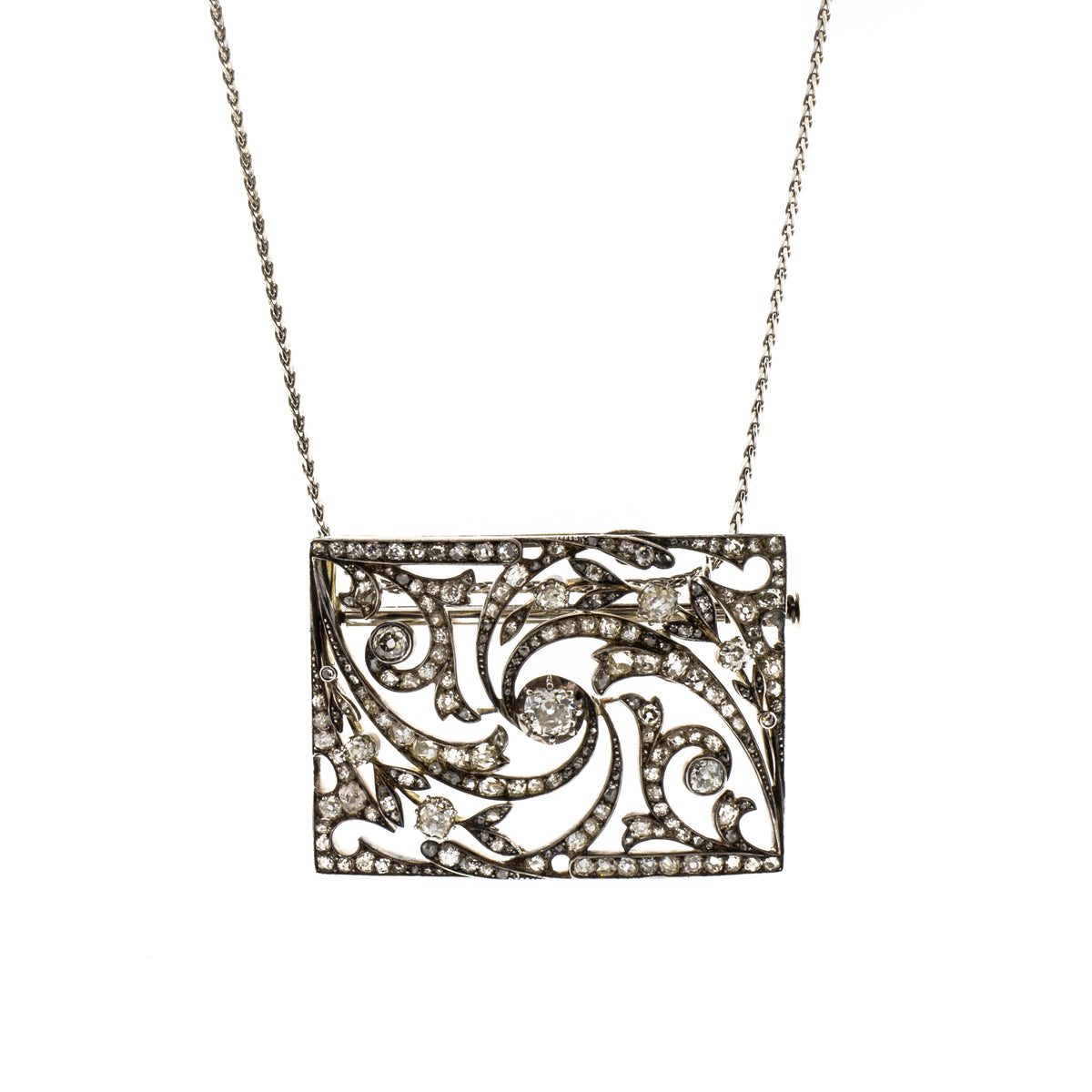 Georgian-Era Silver & 14K Yellow Gold Diamond and Pearl Brooch Necklace