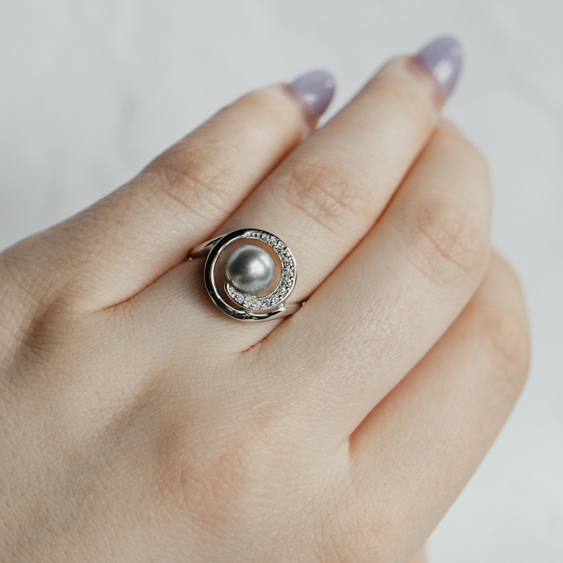 Akoya Pearl & Diamond Swirl White Gold Ring