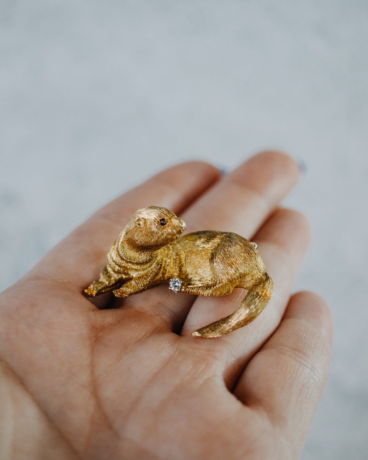 Diamond and Lab Ruby 18K Yellow Gold Otter Pin