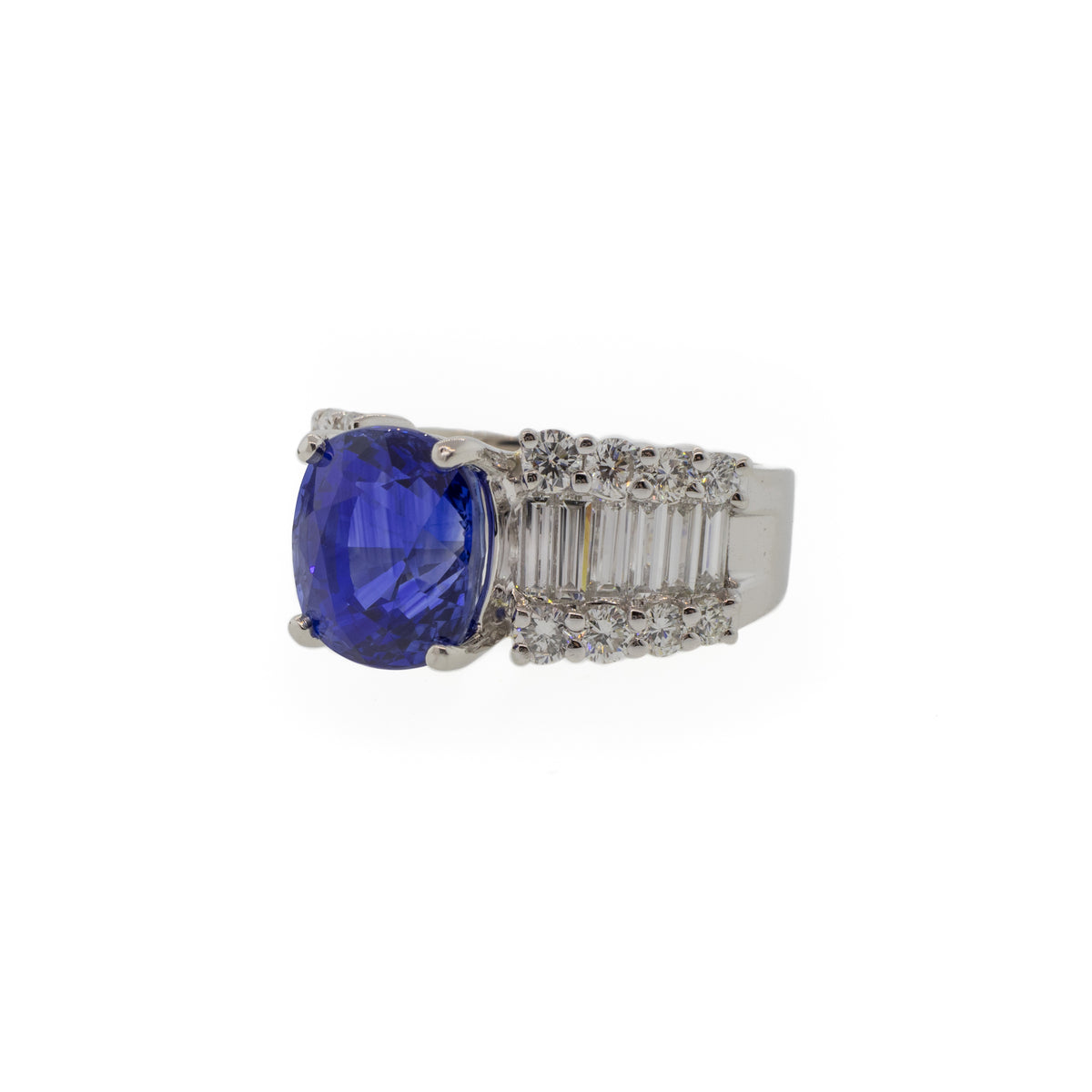 Platinum 5.85 Carat Blue Sapphire and Baguette Diamond Ring