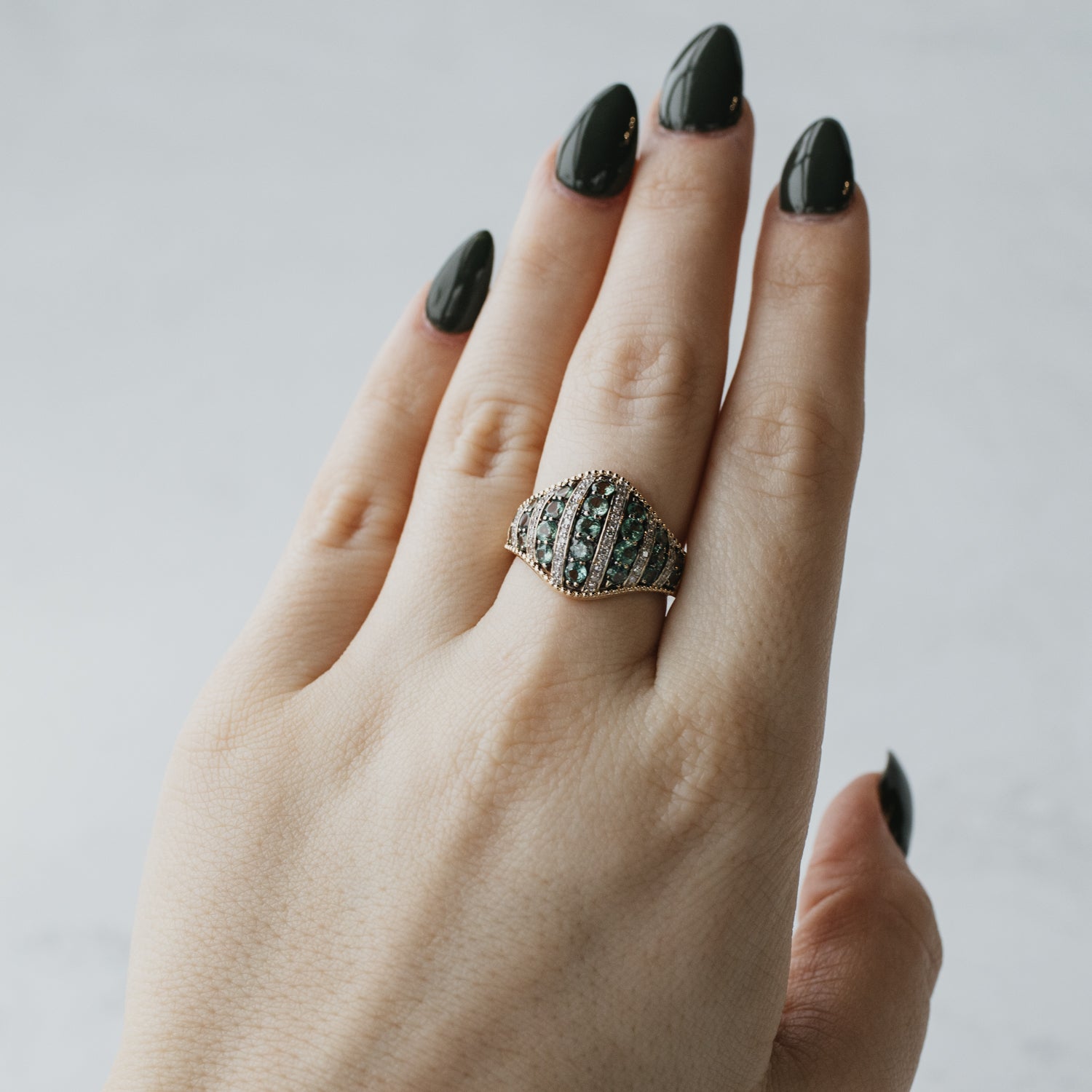 Blue-Green Tourmaline & Diamond Milgrain Ring