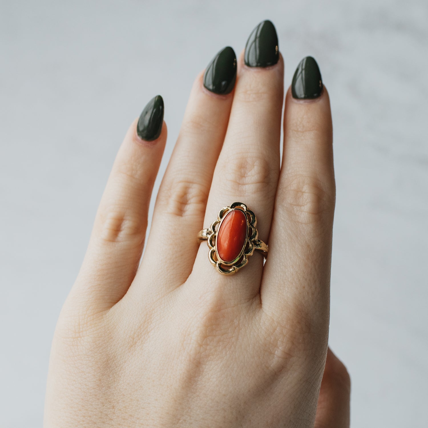 Victorian Elongated Cabochon Cut Coral Ring