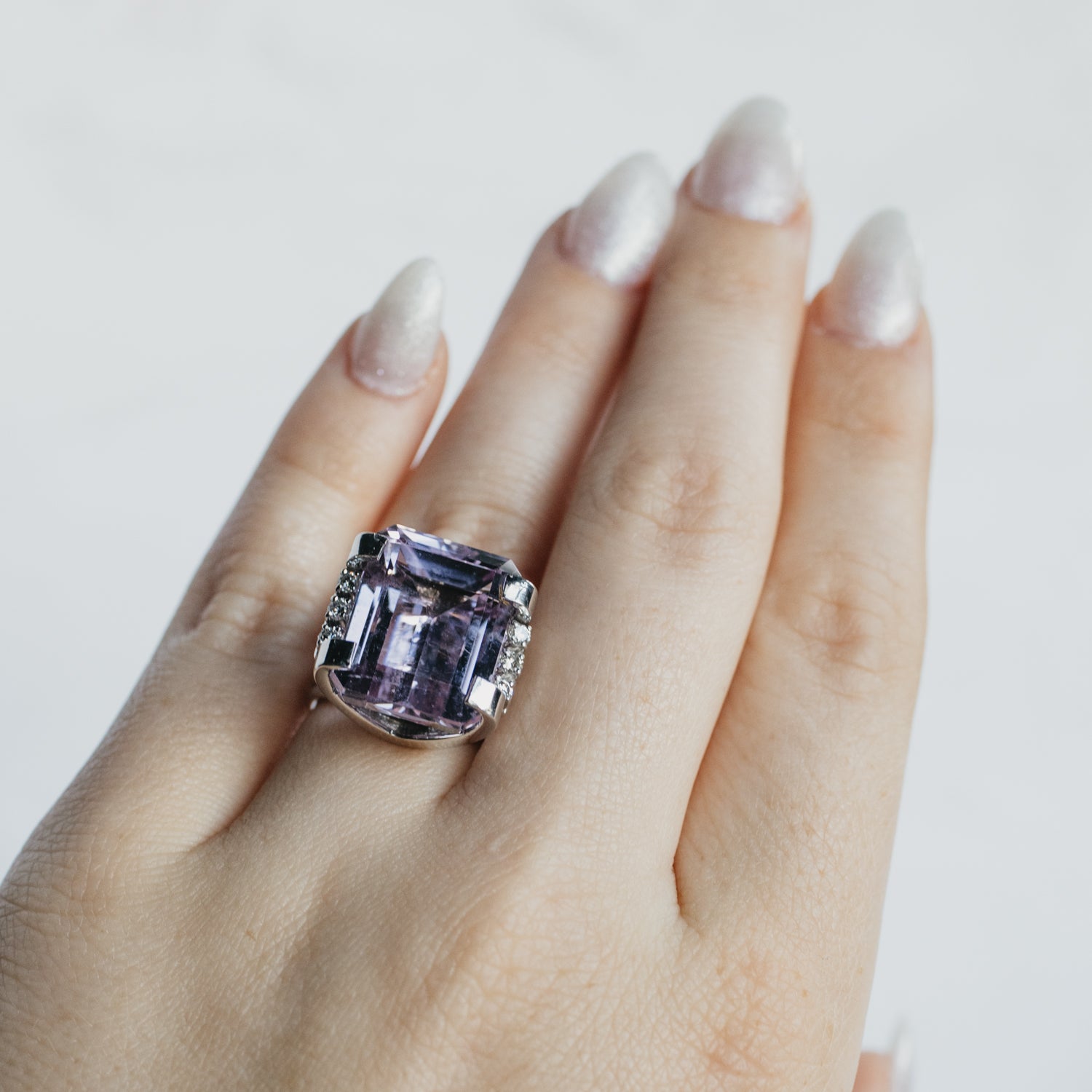 24ct Emerald Cut Kunzite and Diamond Ring