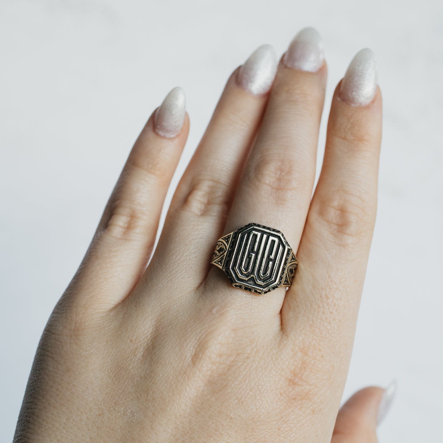 Yellow Gold Antiqued Signet Ring "GCW"