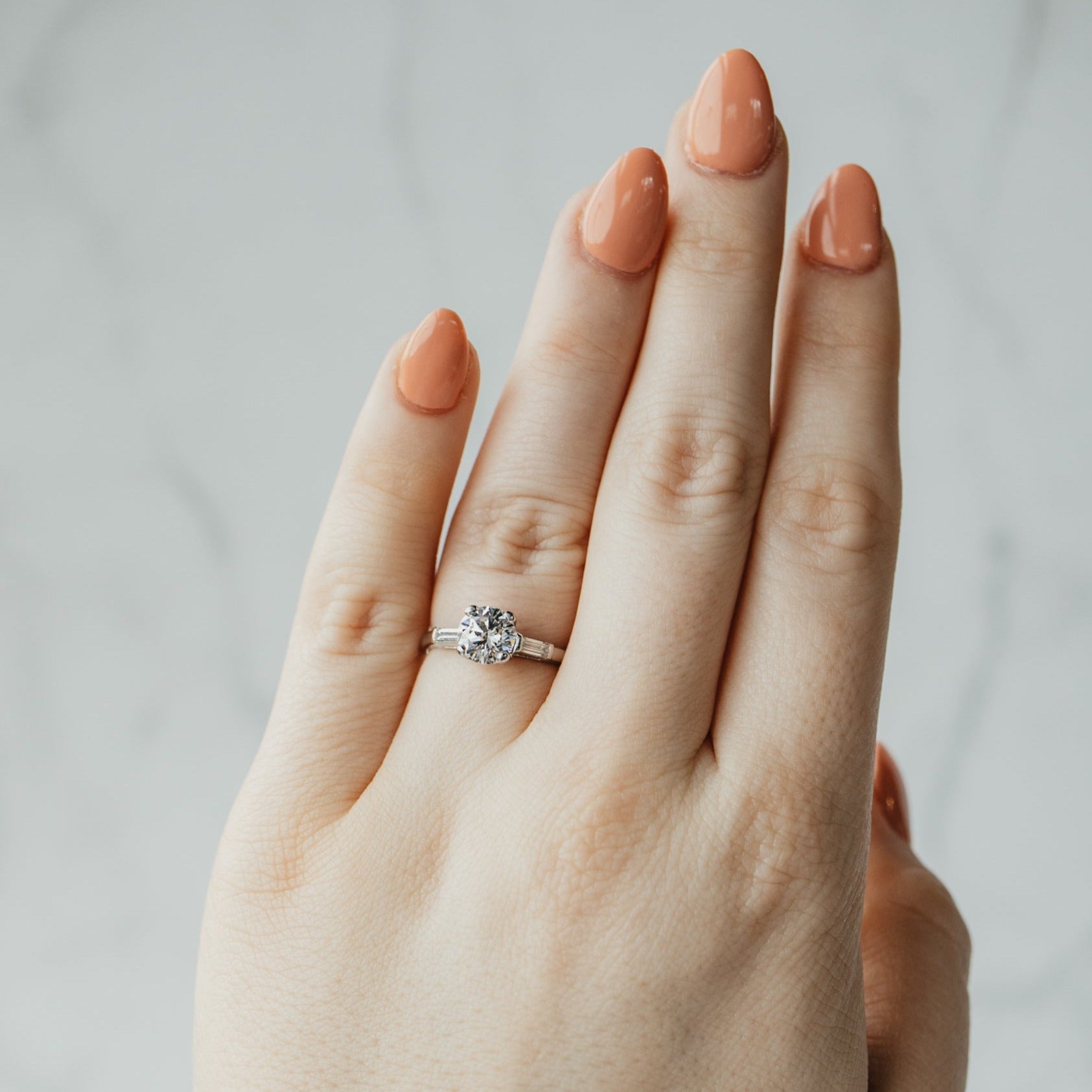 Art Deco Three Stone Round Brilliant & Baguette Diamond Ring