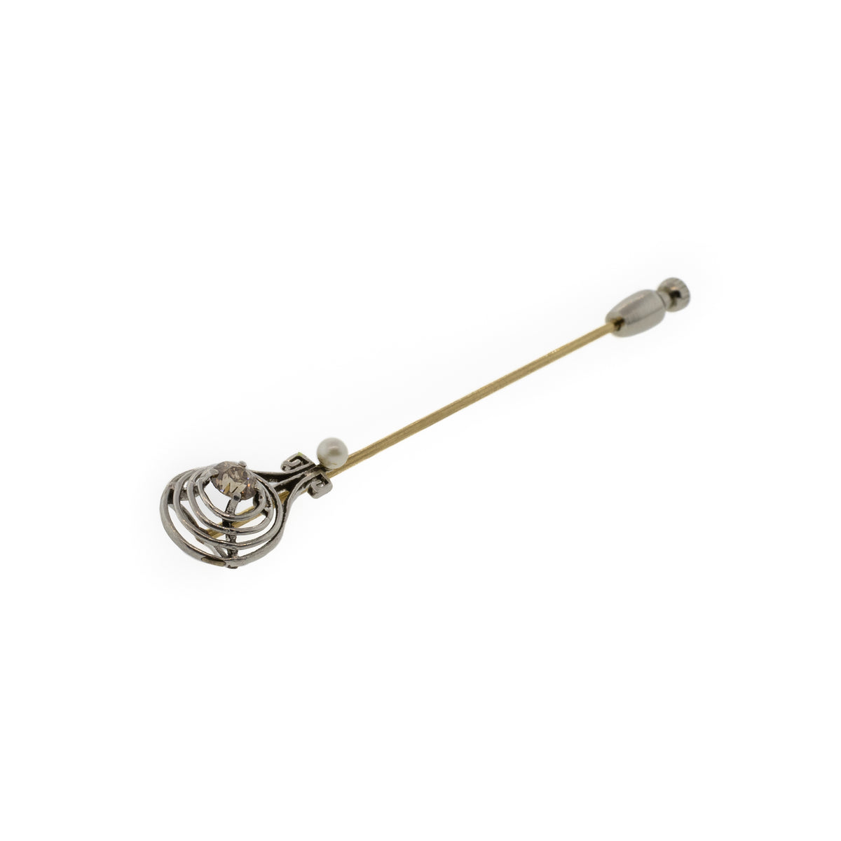 Old European Cut Champagne Diamond & Pearl Stick Pin