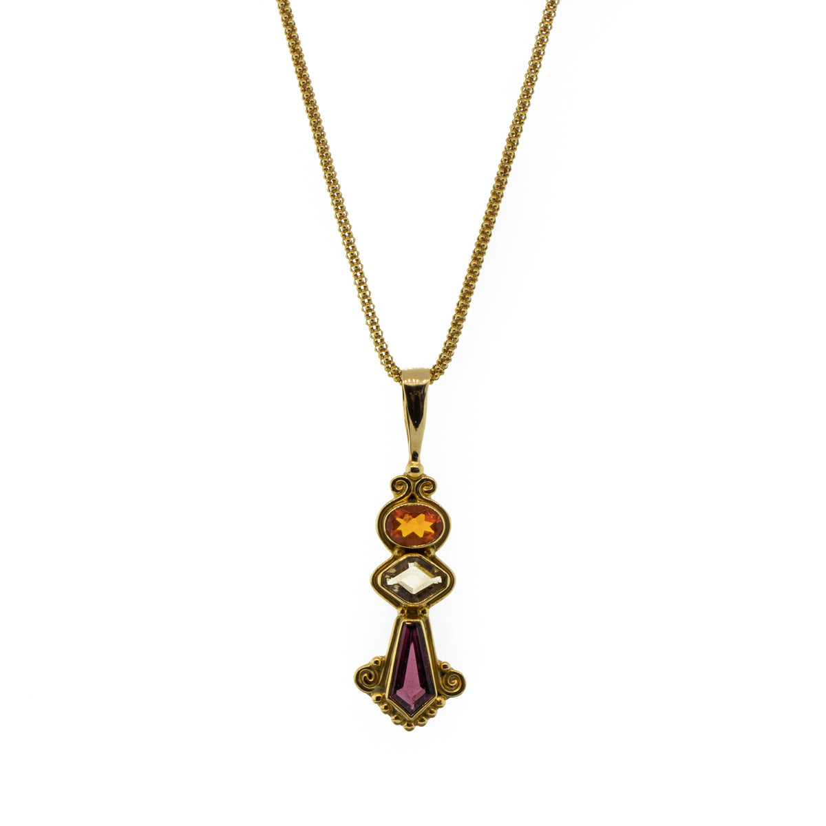 Rhodolite, Citrine & Spessartite Pendant With Yellow Gold Chain