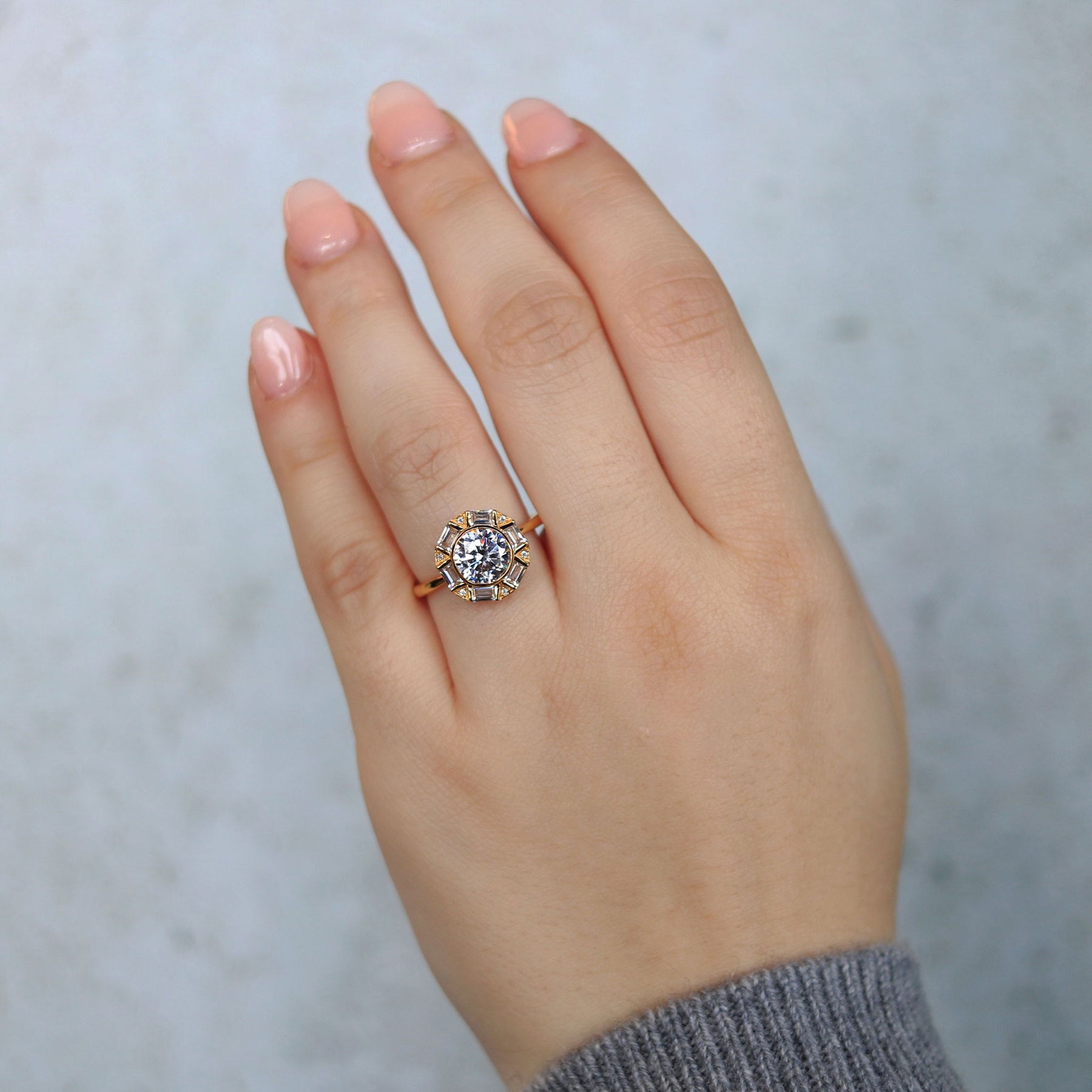 Geometric-Inspired Diamond Halo 14K Yellow Gold Engagement Ring