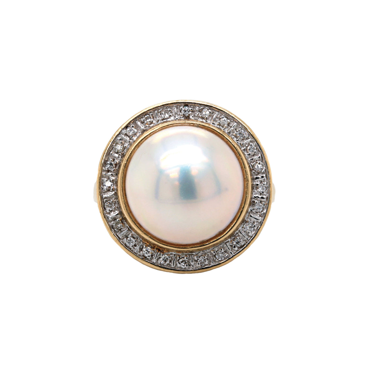 Yellow Gold Mabe Pearl & Diamond Halo Ring