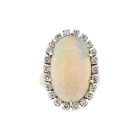 14K Yellow Gold Elongated Oval Opal & Diamond Halo Ring