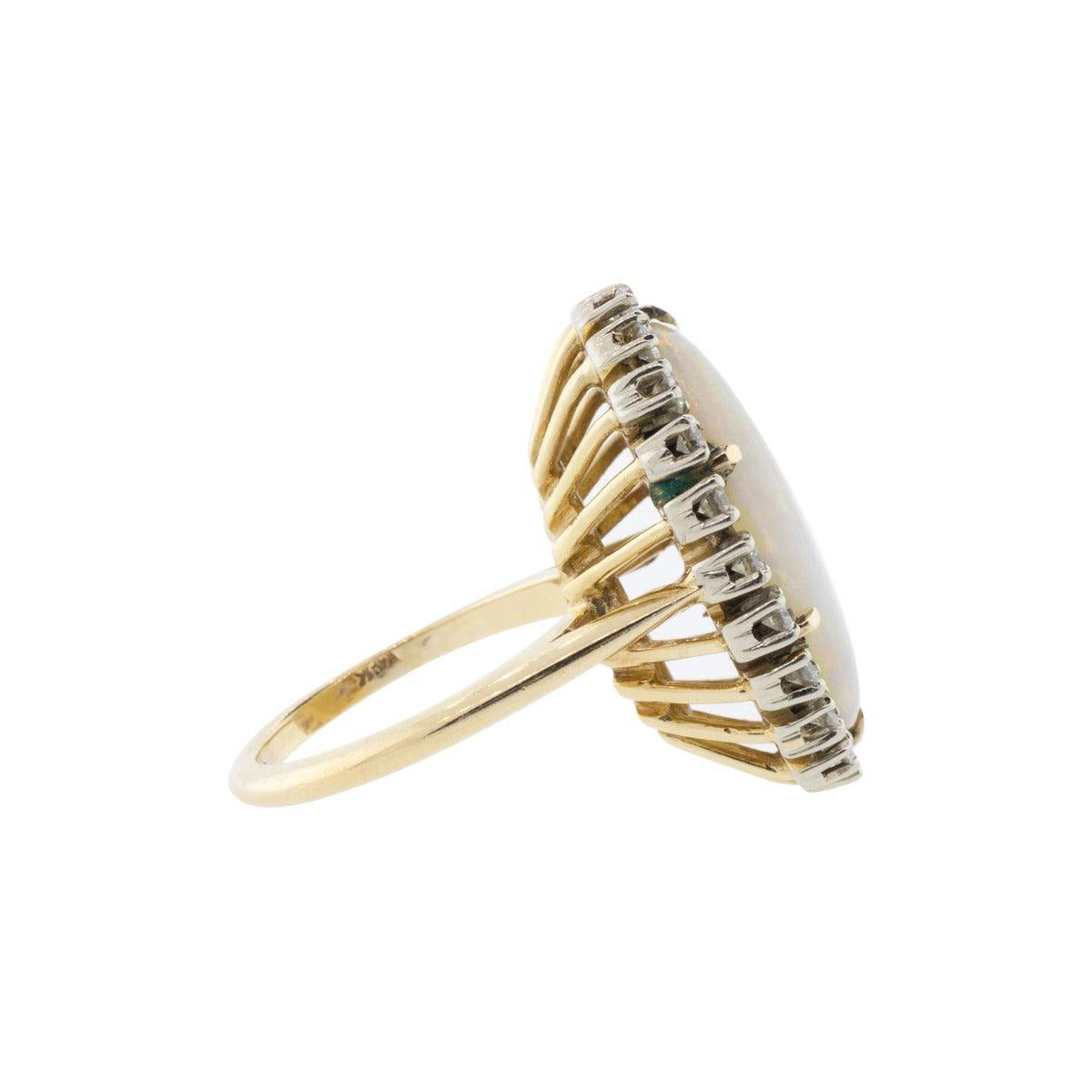 14K Yellow Gold Elongated Oval Opal & Diamond Halo Ring