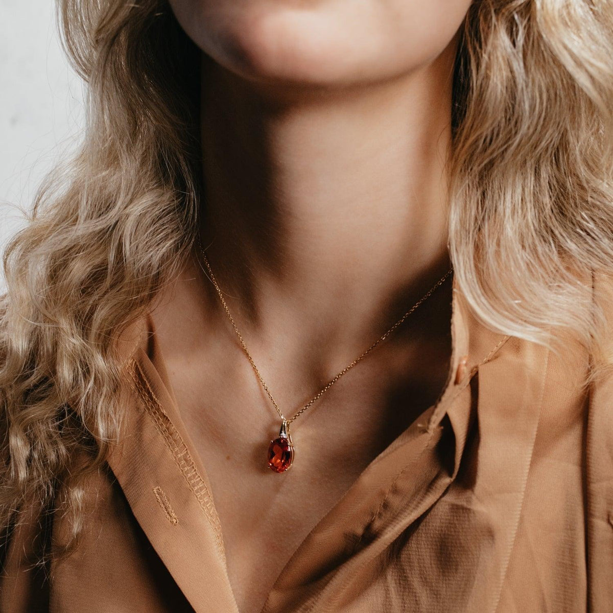14K Yellow Gold Orange Lab Sapphire Pendant Necklace