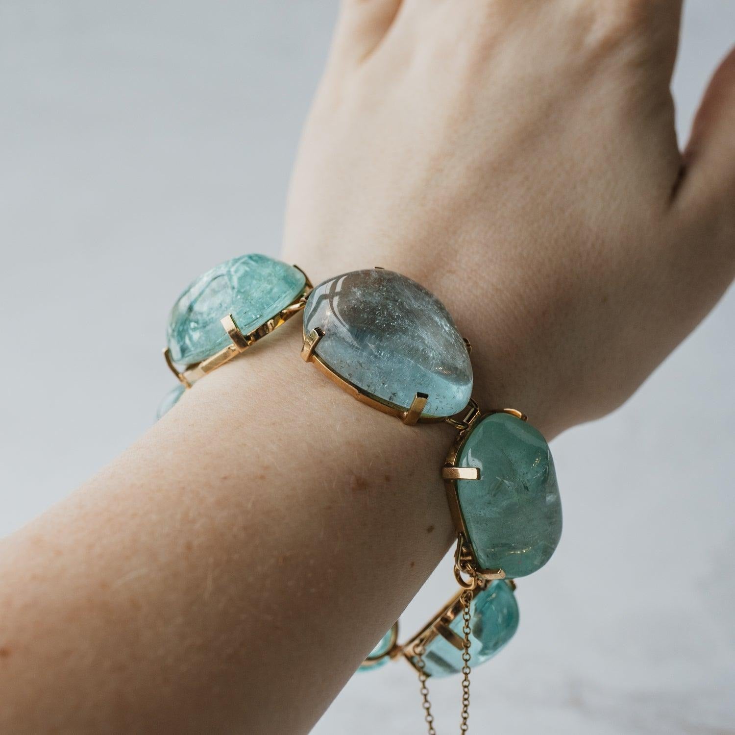 323ctw Cabochon Cut Aquamarine Bracelet 14K Yellow Gold