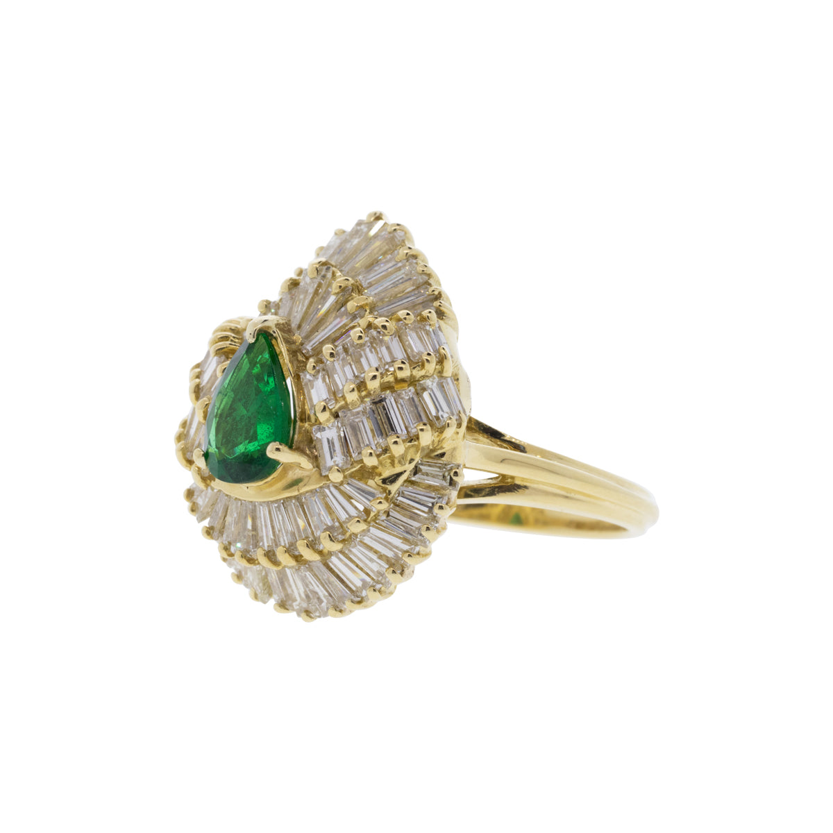 18K Yellow Gold Pear Cut Emerald & Diamond Cluster Cocktail Ring