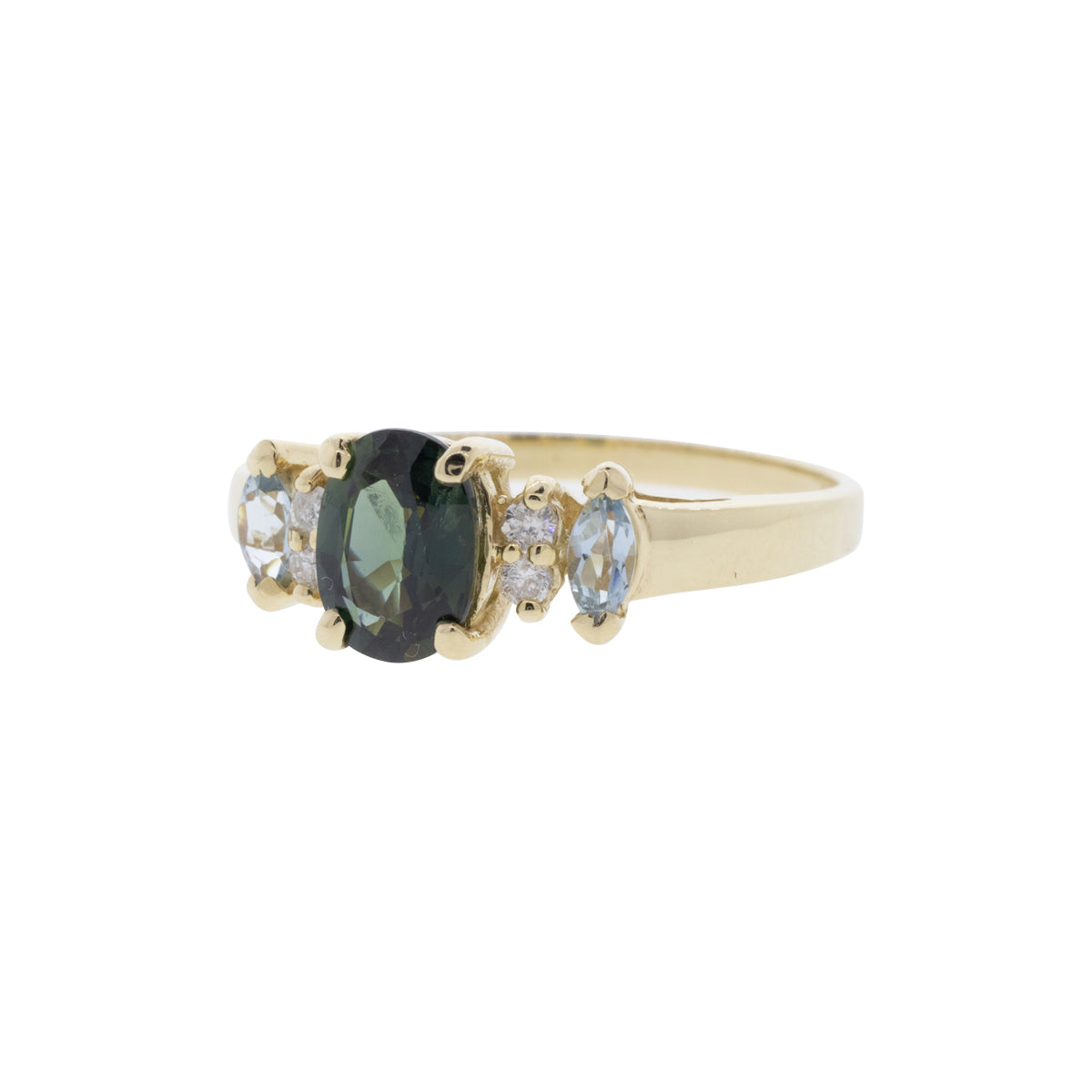 14K Yellow Gold Green Sapphire, Aquamarine, & Diamond Ring