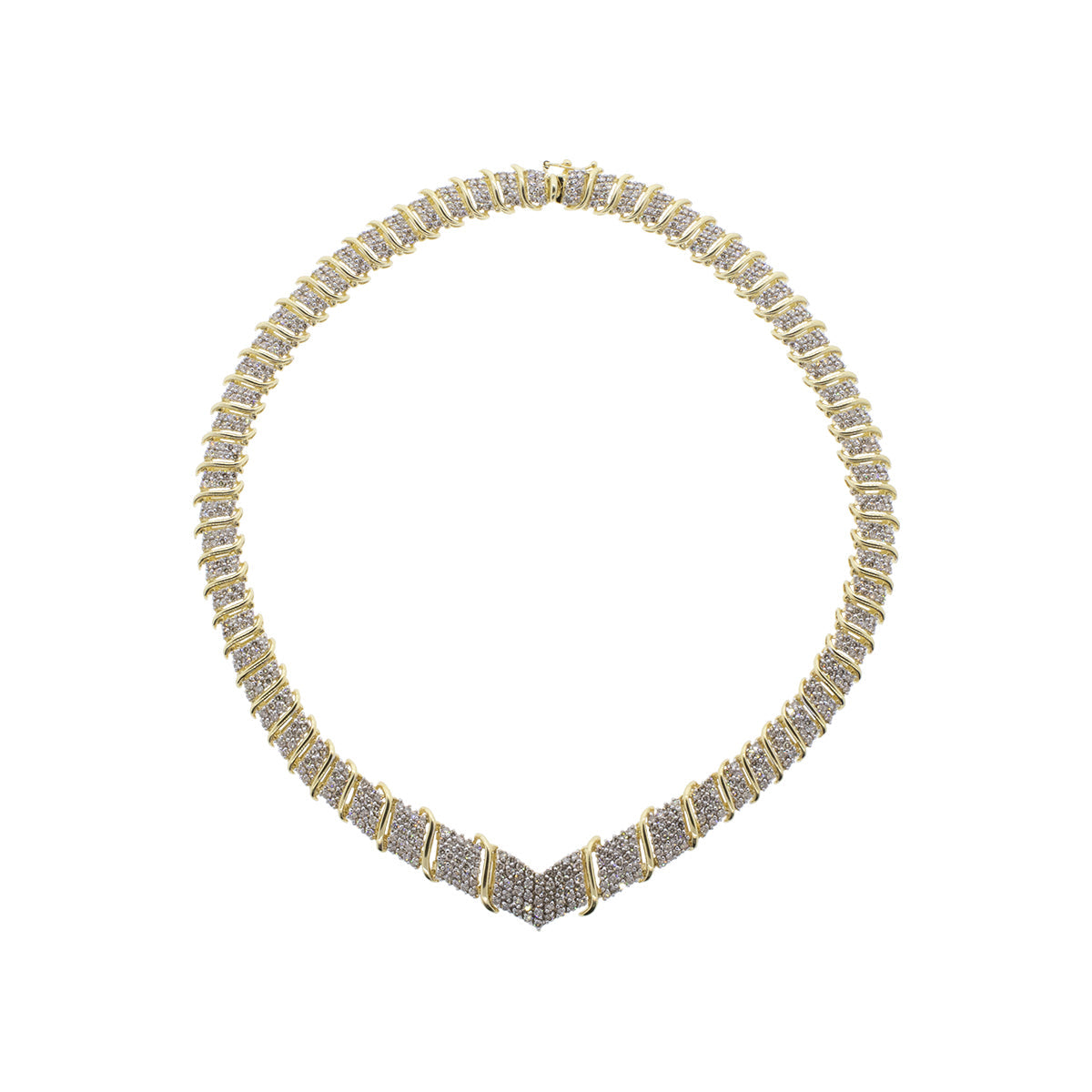 Gold necklace with diamond accents on a white background