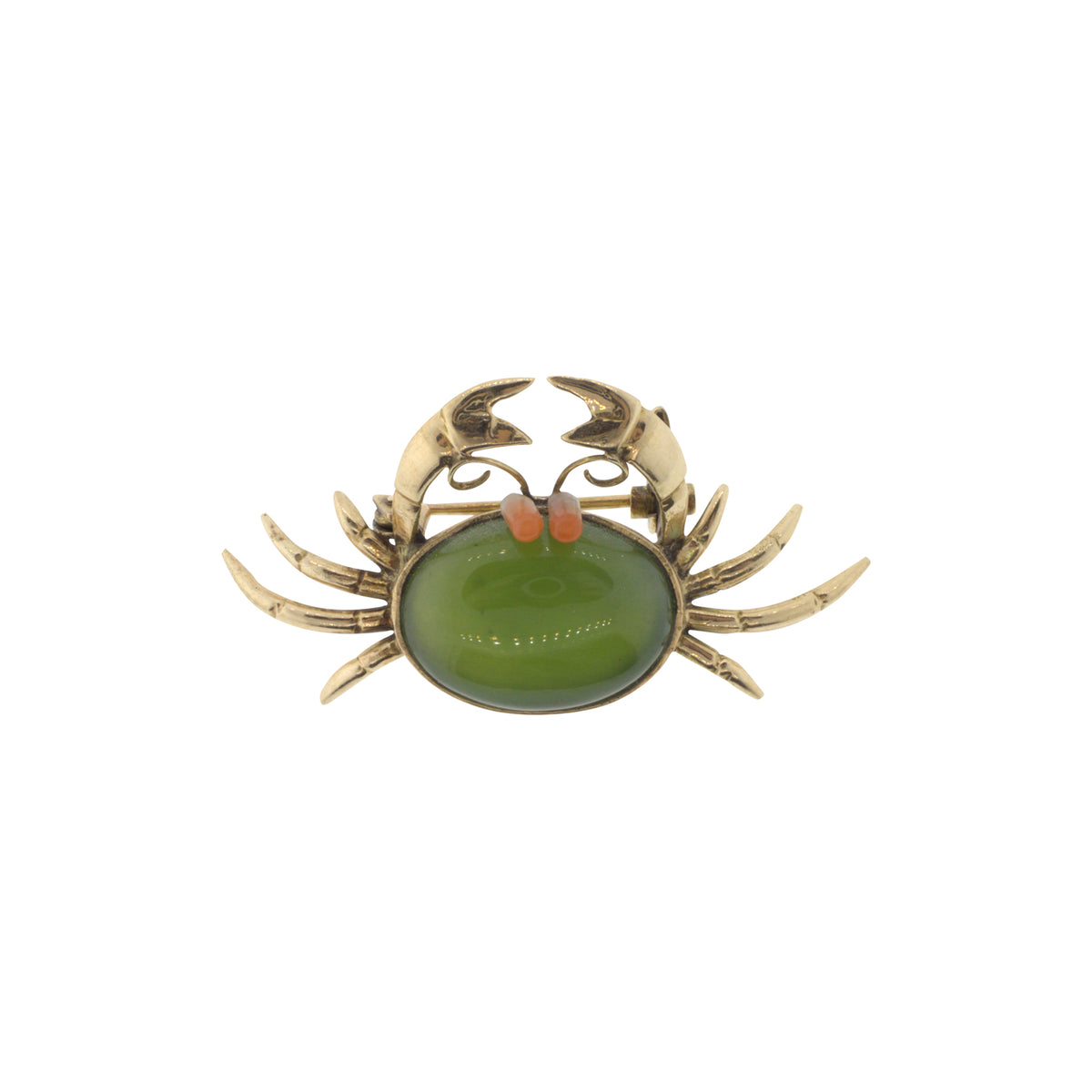 Darling Nephrite Jade and Coral Crab Brooch