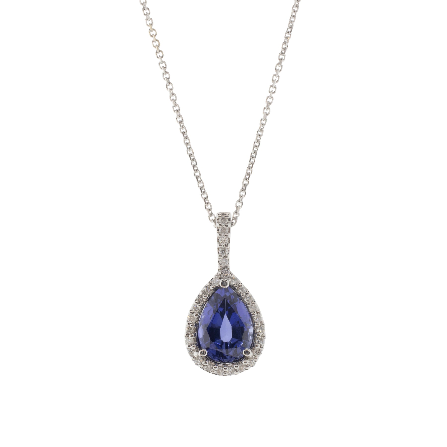 Pear Cut Tanzanite and Diamond Halo Pendant Necklace