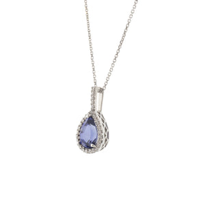 Pear Cut Tanzanite and Diamond Halo Pendant Necklace