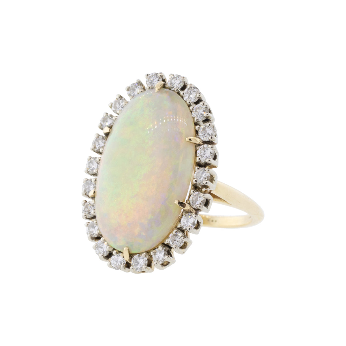 14K Yellow Gold Elongated Oval Opal & Diamond Halo Ring