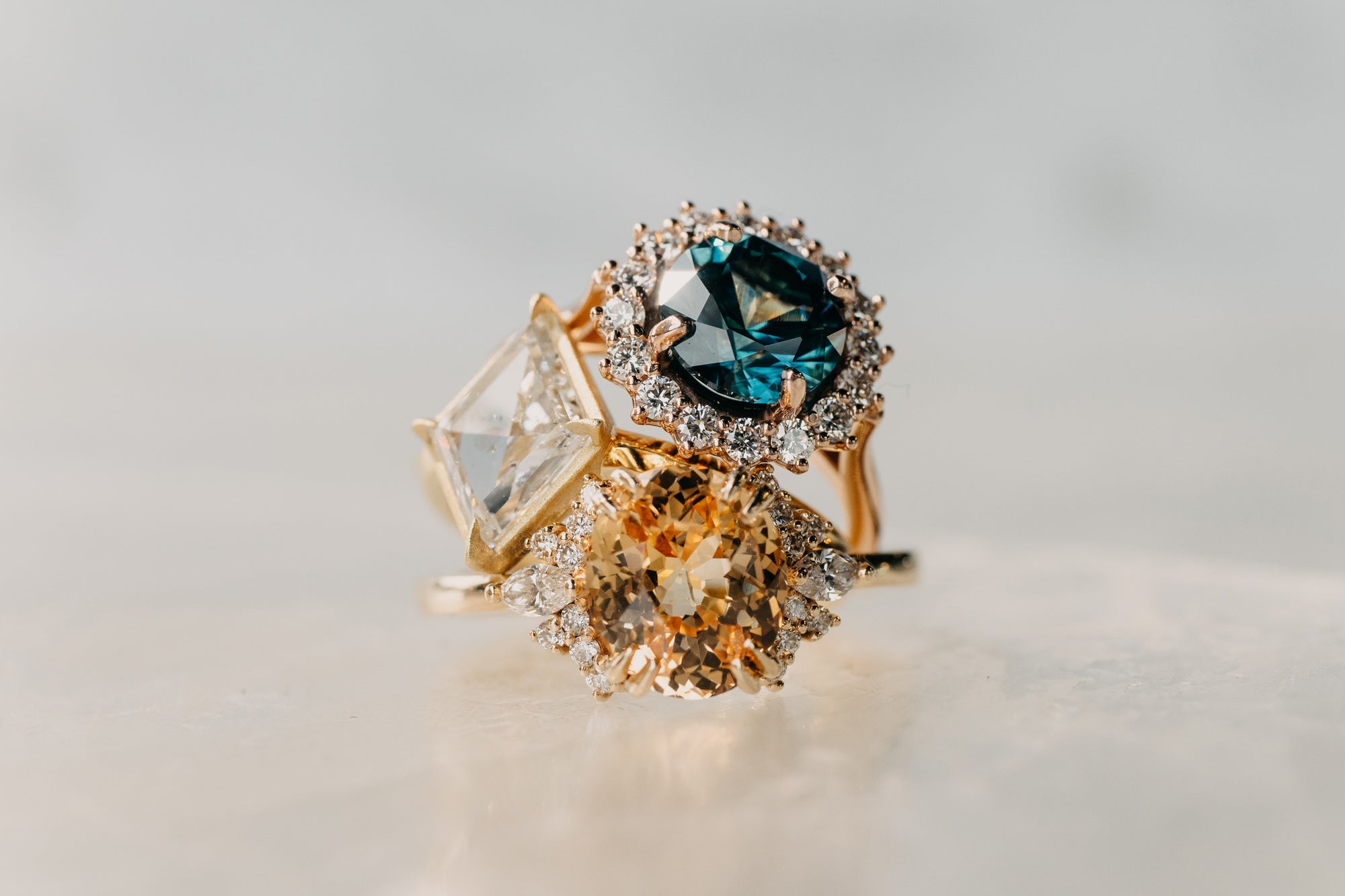 montana sapphire, kite diamond, peach sapphire, engagement ring, custom engagement ring, custom rings, custom seattle jeweler, custom design