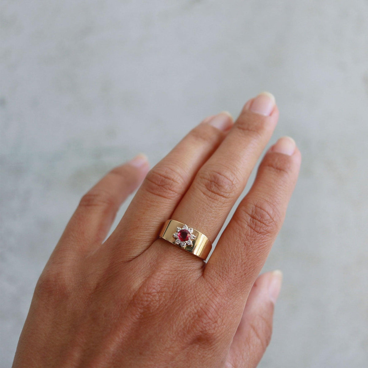 Thai Natural Ruby & Diamond Halo Floral Ring -