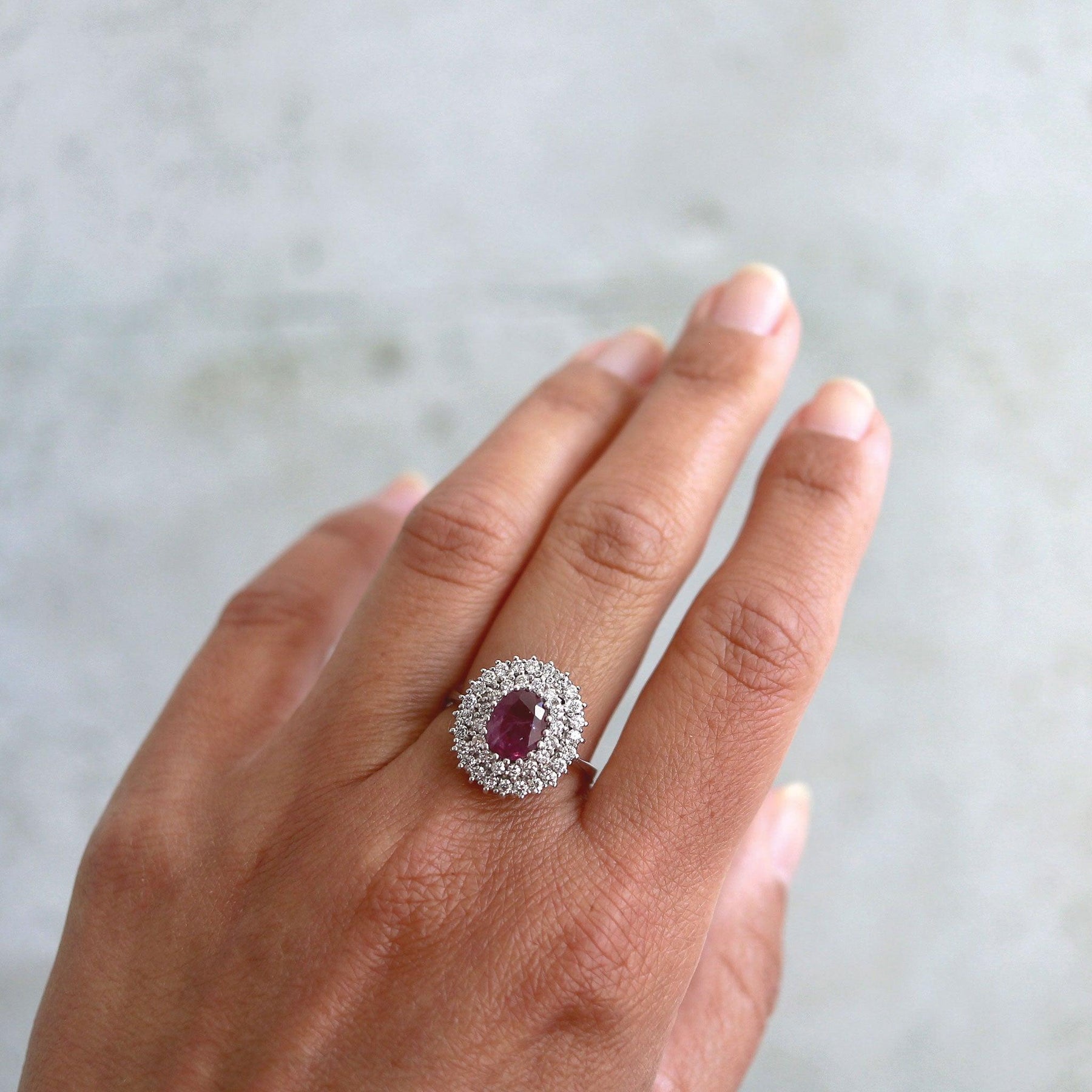White Gold Natural Ruby & Diamond Double Halo Ring