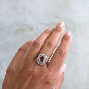 White Gold Natural Ruby & Diamond Double Halo Ring