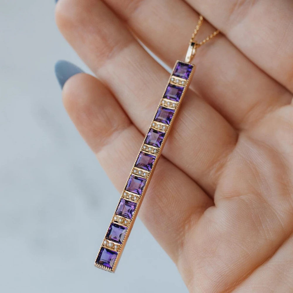 14K Yellow Gold Converted Amethyst & Seed Pearl Pendant With Cable Chain