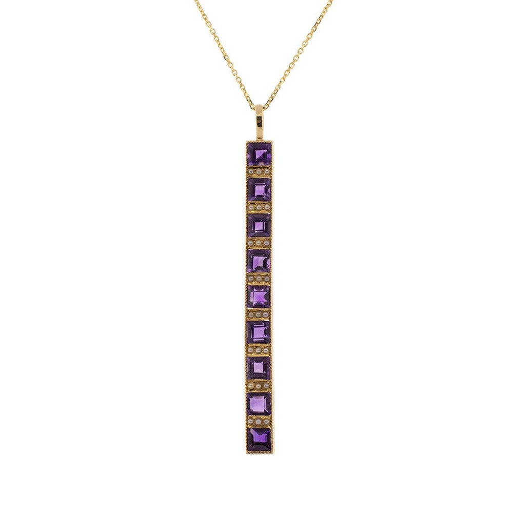 14K Yellow Gold Converted Amethyst & Seed Pearl Pendant With Cable Chain
