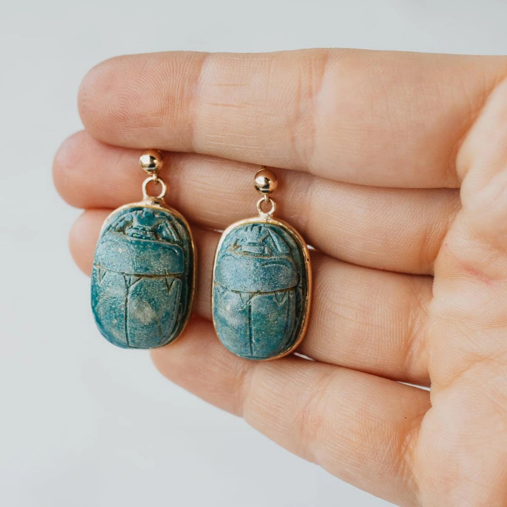 10K-18K Yellow Gold Ancient Egyptian Revival Faience Scarab Clay Bead Earrings