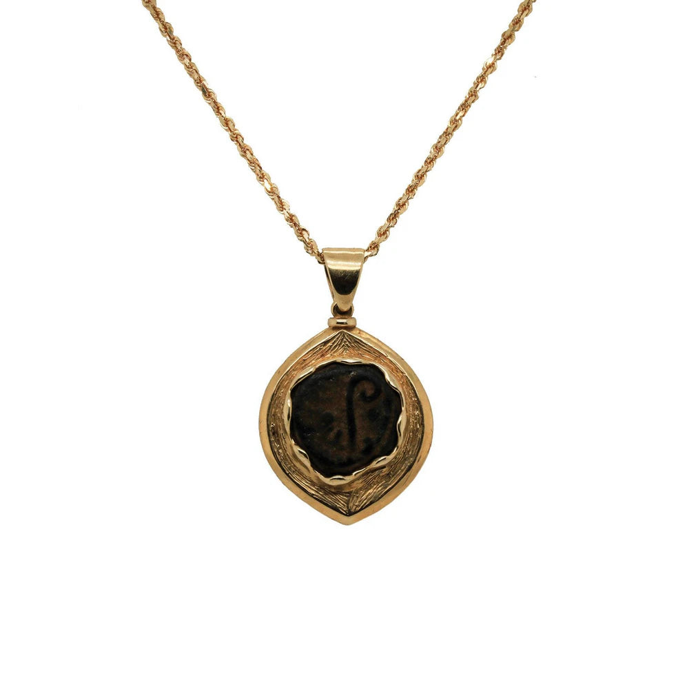 Antique 14K Yellow Gold Tiberius Cesar Bronze Pruta Coin Pendant