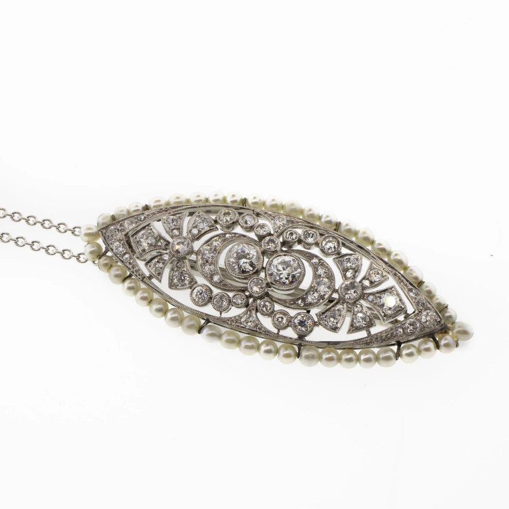 Art Deco Diamond & Pearl Platinum & Yellow Gold Brooch Necklace