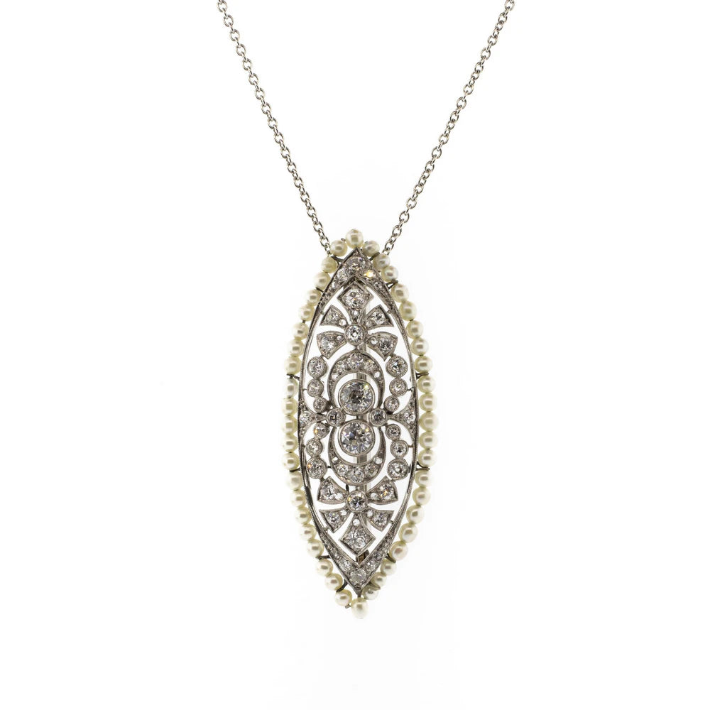 Art Deco Diamond & Pearl Platinum & Yellow Gold Brooch Necklace