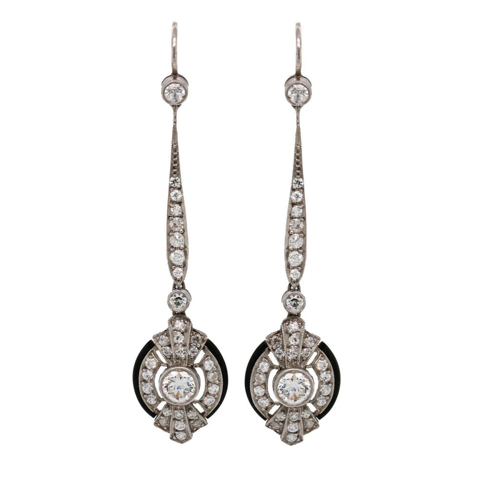 Art Deco Era Diamond & Black Enamel Dangle Earrings

