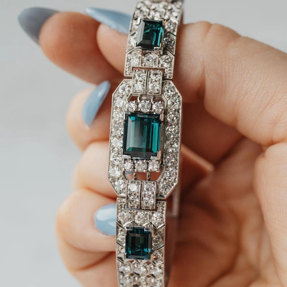 Platinum, 18K, And 9K White Gold Assembled Art Deco Indicolite Diamond Bracelet